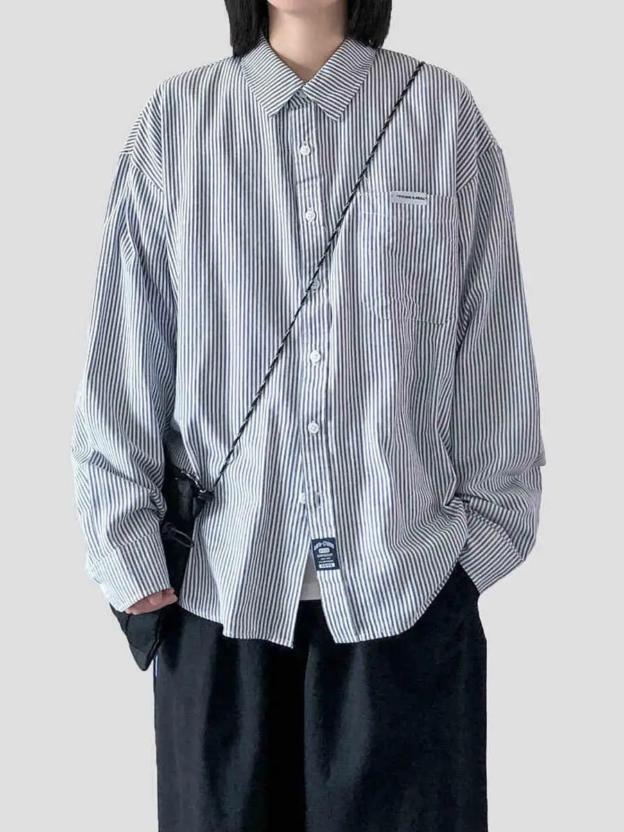 

Loose Long Sve irt Spring Autumn New Sle Retro Japanese Striped Casual ex Couples Faion Outerwear Spring 2025