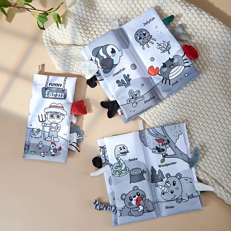 Baby Cute Animal 3D Tail Cloth Book Baby Press Bb Apparatus Black and White Cloth Book Puzzle Enlightenment Teaching Aids Gift