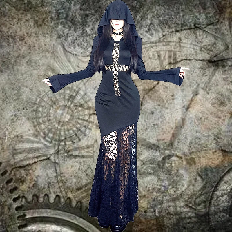 2024 Gothic Punk Style Slim Sexy Hooded Long sleeved Hollow Lace Maxi Bodycon Dress , Halloween Long Dress Women's Dresses