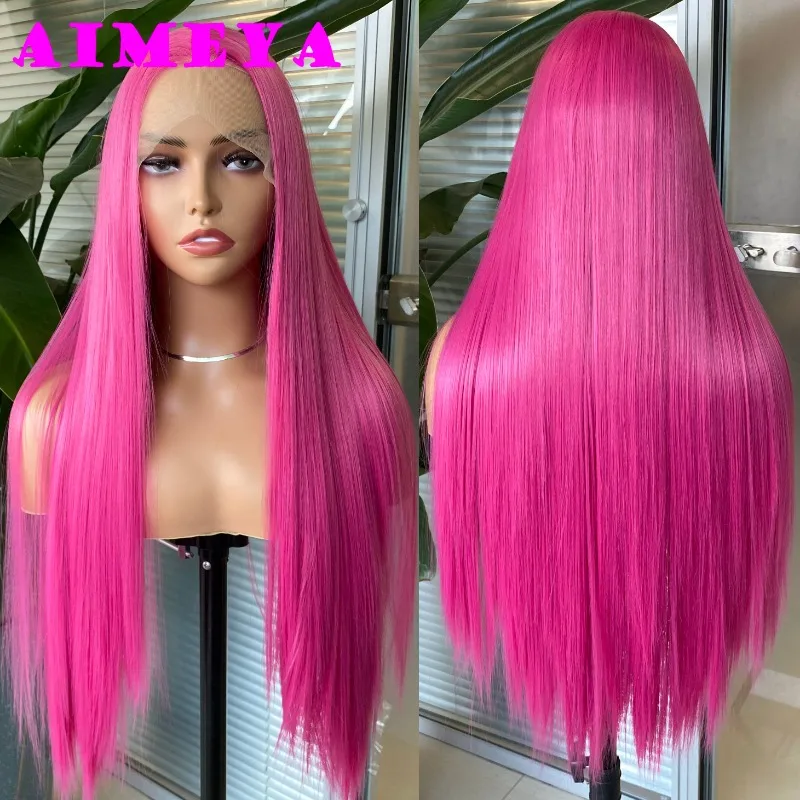 Hot Pink Wig Long Silky Straight Synthetic Lace Front Wig for Women 13x4 Frontal Lace Natural Hairline Daily Use Cosplay Party