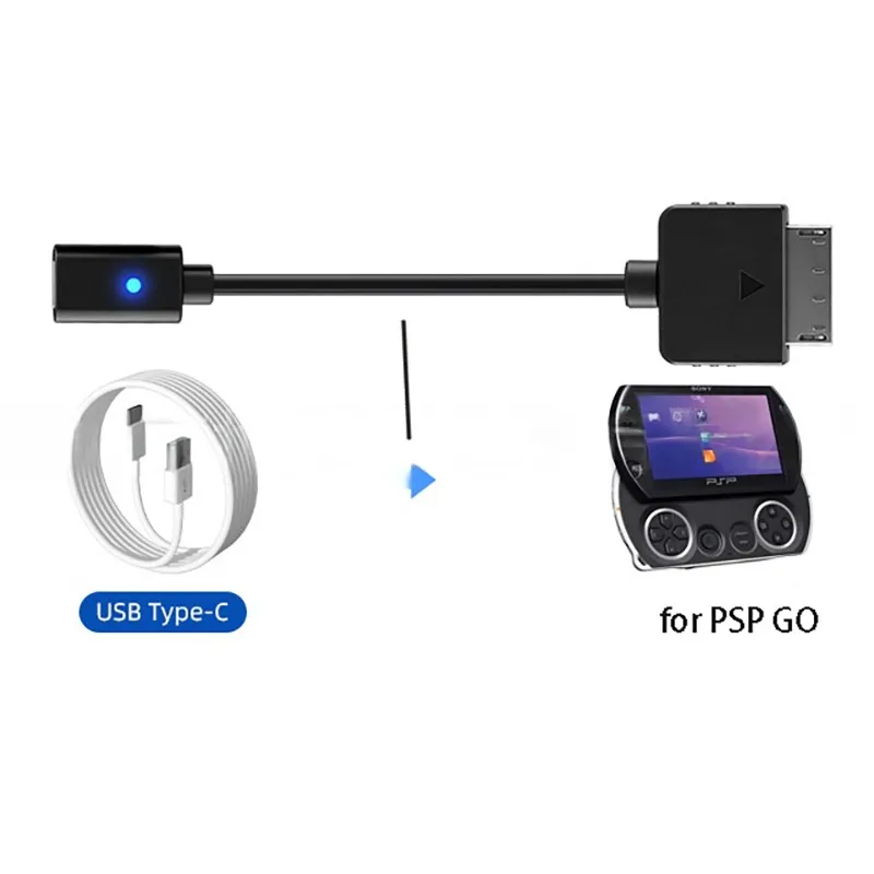 Adaptador USB Tipo C Preto de 10cm com Luz Indicadora LED (Não-PD) para Cabo de Carregamento do Console de Jogos PSP Go