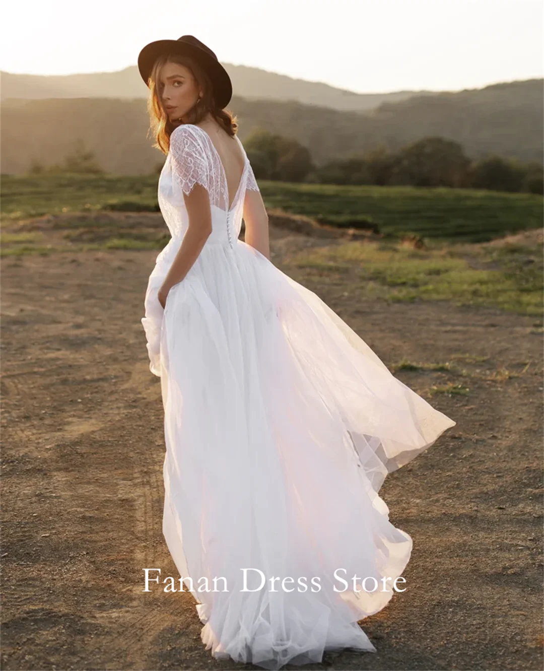 

Fanan Elegant Boat Neck White Wedding Dress A-Line Customized Tulle Lace Ruched Boho Bridal Party Gown Vestidos De Novia