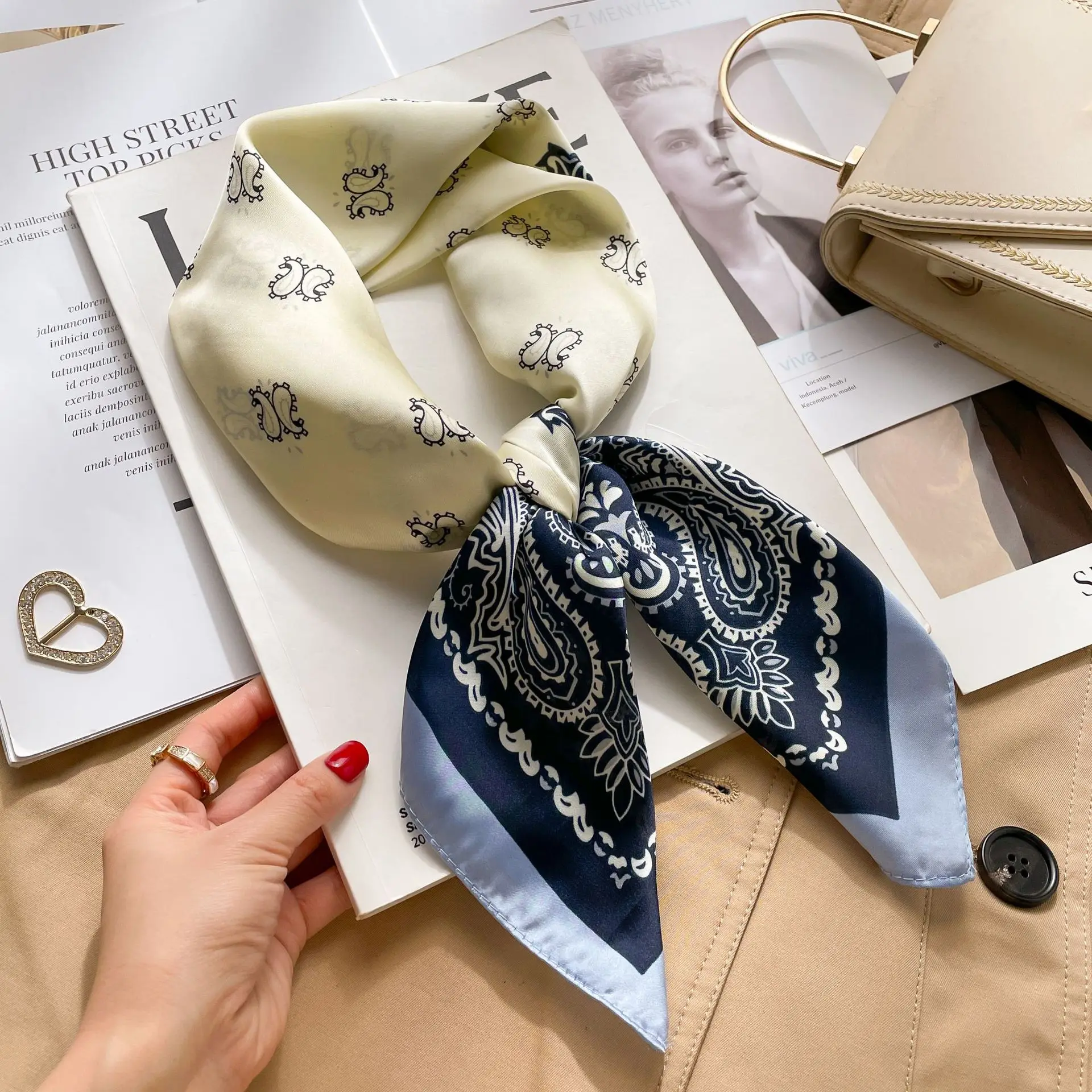 2025 sommer Hijab Kopf Mädchen Luxus Seide Quadrat Plaid Schal Frauen Satin Hals Haar Krawatte Band Weiche Arbeit Halstuch – Detail 8
