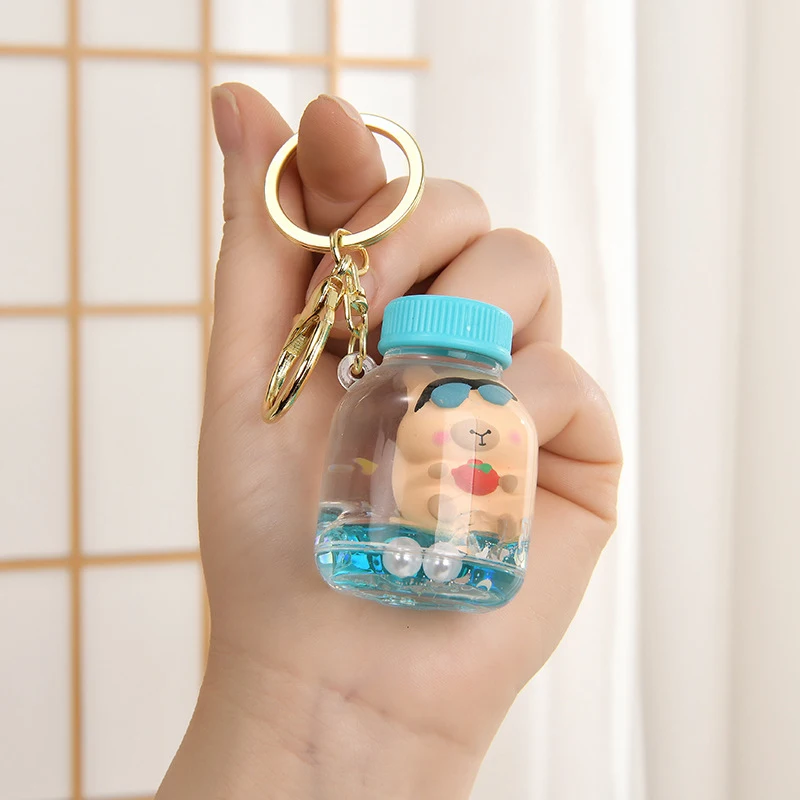 Capibara Liquid Bottle Candy Keychain Creative Moving Sequins Acrylic Key Holder Female Bag Pendant Keyring Gifts