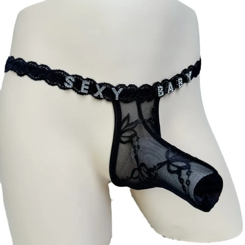 Letter Mesh Buttocks Hollow Mens Thongs and G Strings Sexy Ultra-Low Lingerie Man Transparent Mini Tangas Breathable Jockstrap