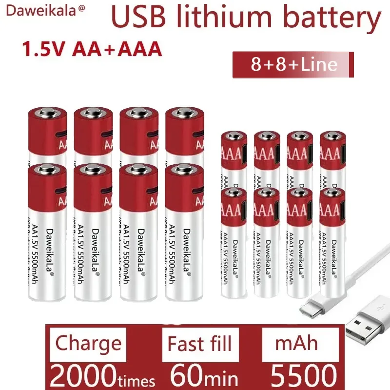 

NewUSB 1.5V AA + AAA Fast Charging Rechargeable Battery Large Capacity 5500mah Li-Ion Battery for Toy Remote Control Mouse LED