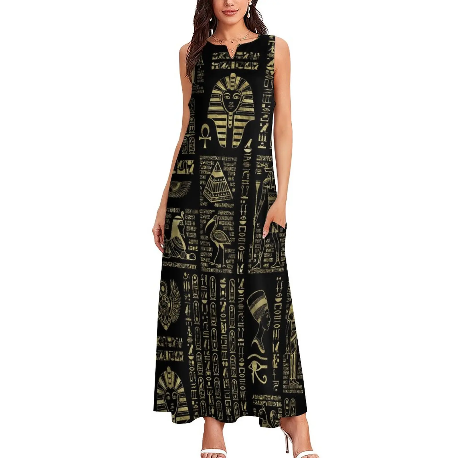 Retro Letter Print Dress Egyptian Hieroglyphs Vintage Maxi Dress Aesthetic Bohemia Long Dresses Summer V Neck Pattern Big Size