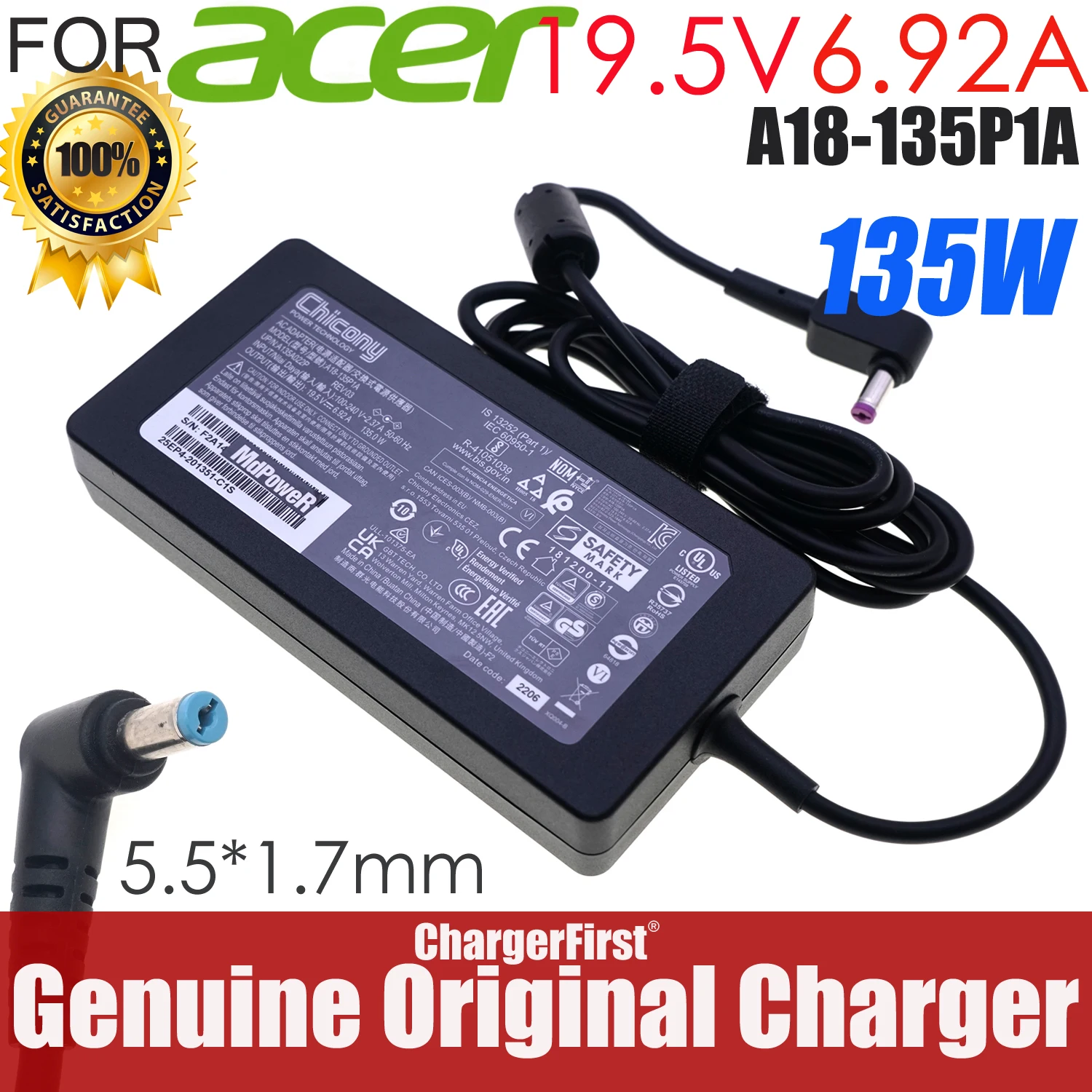 Genuine 19.5V 6.92A 135W A18-135P1A A135A050P AC Adapter Charger For Acer ConceptD 3 N20Q5 CC314-72G Laptop Power Supply OEM