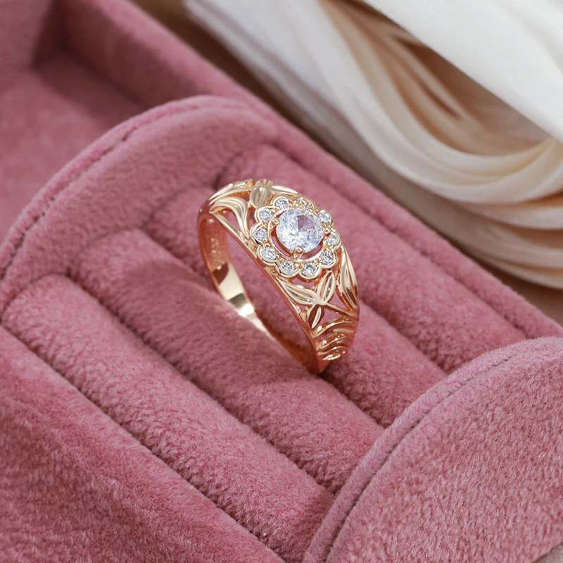 SYOUJYO Trendy 585 Rose Gold Color Women's Ring Vintage Cutout Pattern Jewelry Natural Zircon Bride Wedding Anniversary Rings