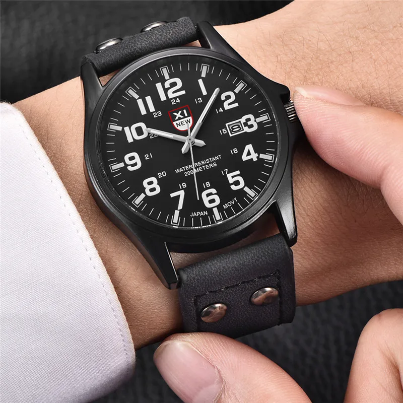 Genuíno xinew marca relógios masculinos preto estudantes moda pulseira de couro esportes data quartzo relógio de pulso montre homme reloj hombre