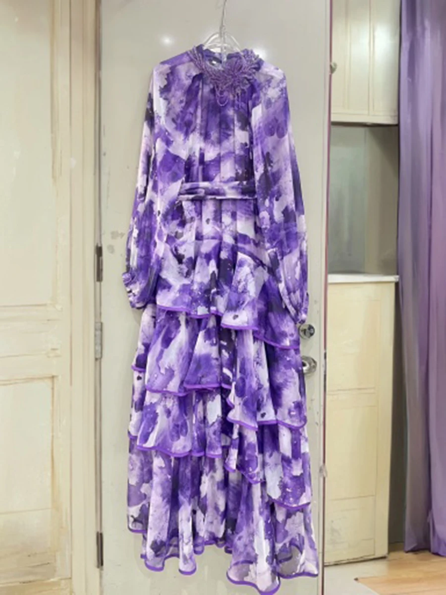 TWOTWINSTYLE cravate colorant pure épissé perle robes élégantes pour les femmes col rond manches longues tunique Patchwork volants plis robe femme