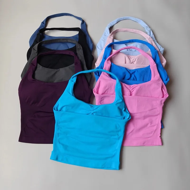 

Спортивный бюстгальтер женский бесшовный топ с бретелькой на шее с высокой поддержкой противоударный тренажерный зал с открытой спиной одежда для спортзала фитнес-йога тренировки активная спортивная одежда жилет