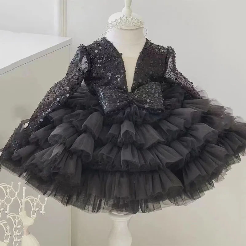 2-12 years old girl sequin long-sleeved dress girl puffy dress girl lace birthday wedding flower girl bow performance dress