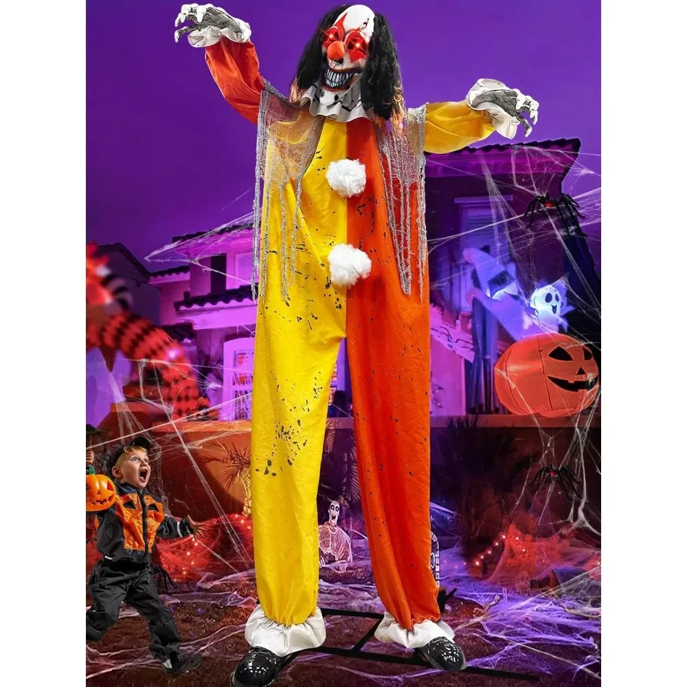 

8.2 Ft Super Tall Halloween Clown Animatronic with Motion, Talking Feature & Sound Activation - Standing Clown with Flash Red