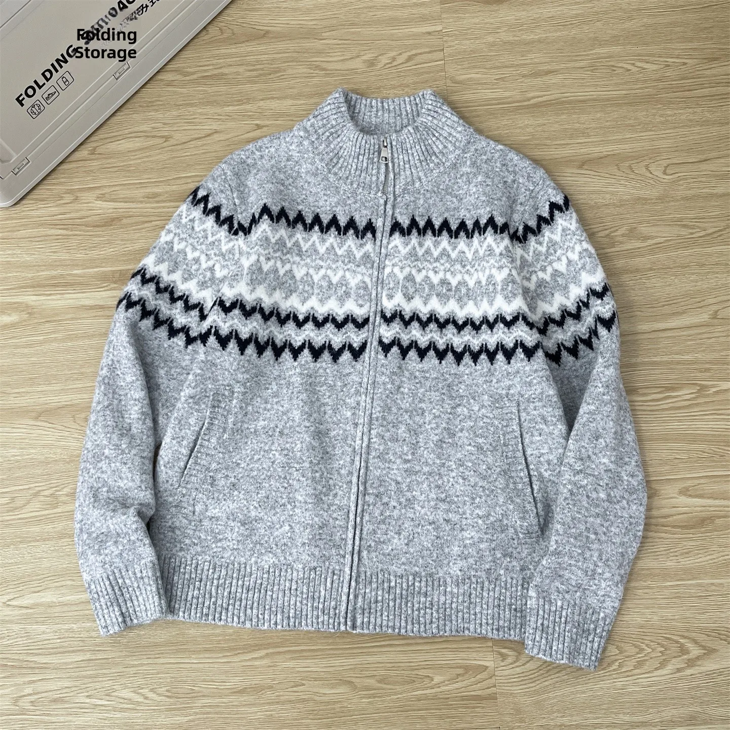 

ay Fair Isle Zipper Knitted Sweater Jaet Men's Lazy High-End Feel Outerwear Embroidered f High Collar Open Cardigan Top