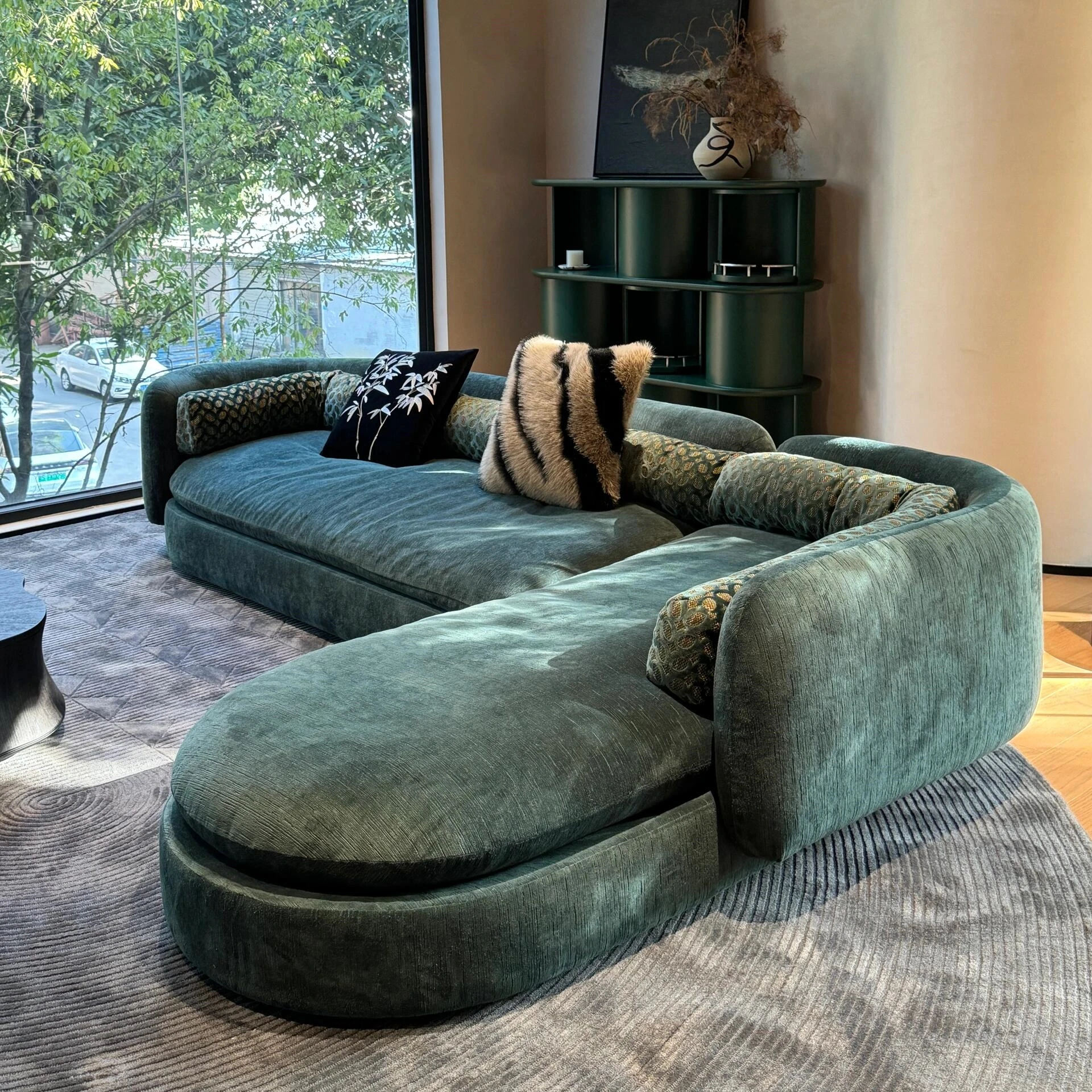 &c French Designer Arc Sofa Large Retro Forest Green Fabric Corner Relaxation Living Room Furniture
