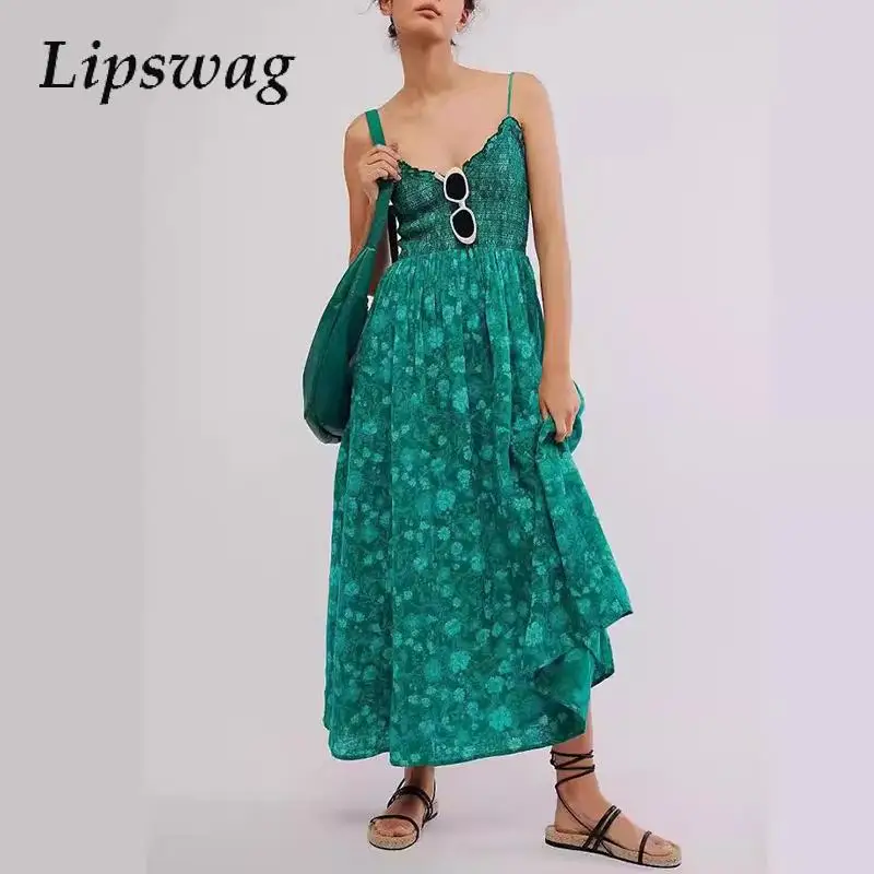 

Big Hem High Waist Suspender Dress Women Spring Floral Print Beach Long Dress 2024 Summer Backless Lotus Edge Party Dresses