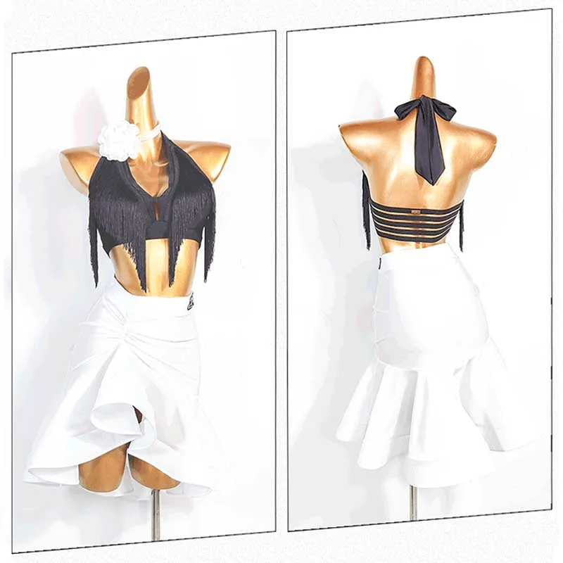 

Adult Latin Dance Wear Women Professional Competition Dress Samba Rumba Dancer Practice Wear Black Fringe Top White Skirt VDL853