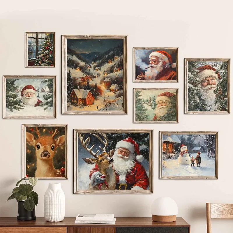 Vintage Christmas Wall Art Print Santa Claus with Tree in Snow Scene Winter Holiday Painting Cozy Festive Home Decor (X-mas)