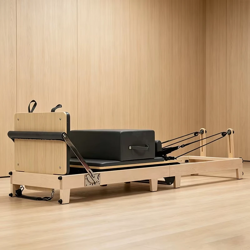 Solid Oak Pilates Reformer with Silent Pulley System and Mobile Casters, Ideal for Yoga Studio Full Body Workout Training