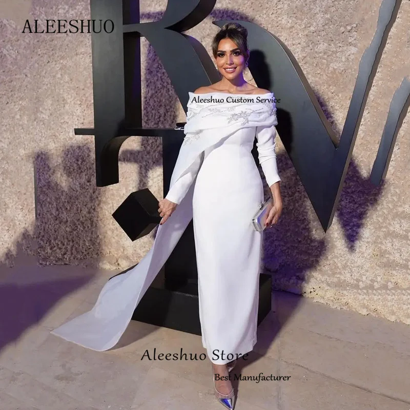 Aleeshuo Saudi Arabia Women Satin Prom Dressess Straight Appliques Evening Dress Boat Neck Formal Long Sleeve Pleat Ankle-Length