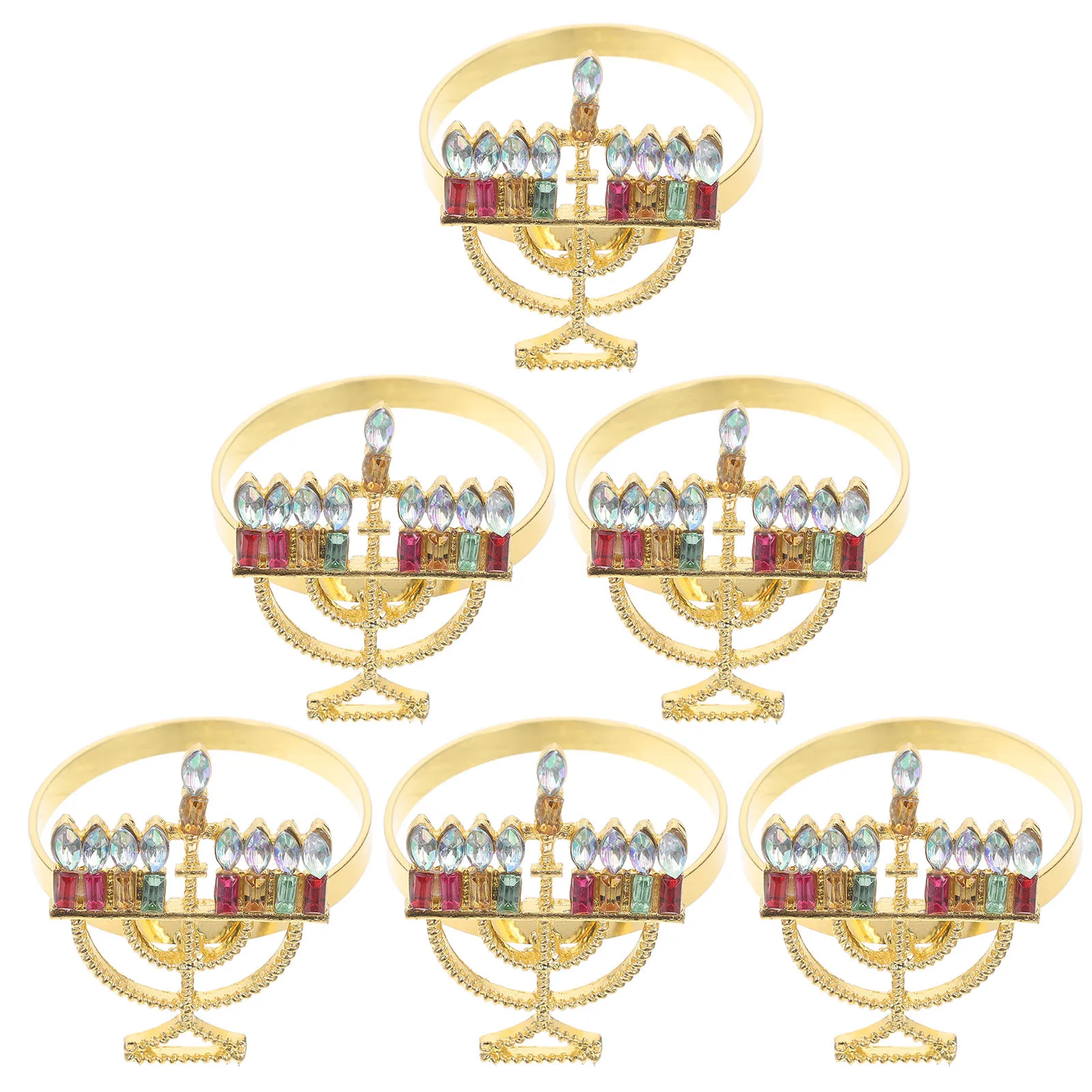 

6Pcs Chanukah Menorah Napkin Rings Gold Rhinestone Metal Napkin Buckles Jewish Hanukkah Table Decor Holiday Dining Accessories
