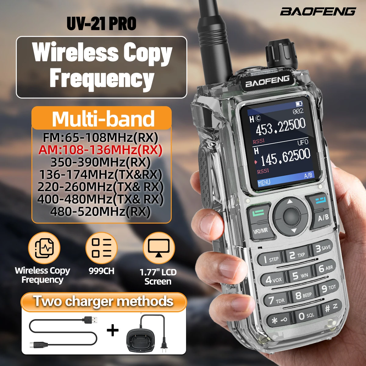 BAOFENG UV-21 PRO Mutli Band 999CH TYPE-C Ladegerät Drahtlose Kopierfrequenz Große Reichweite Leistungsstarkes V2 NOAA VOX Zwei-Wege-Amateurfunk
