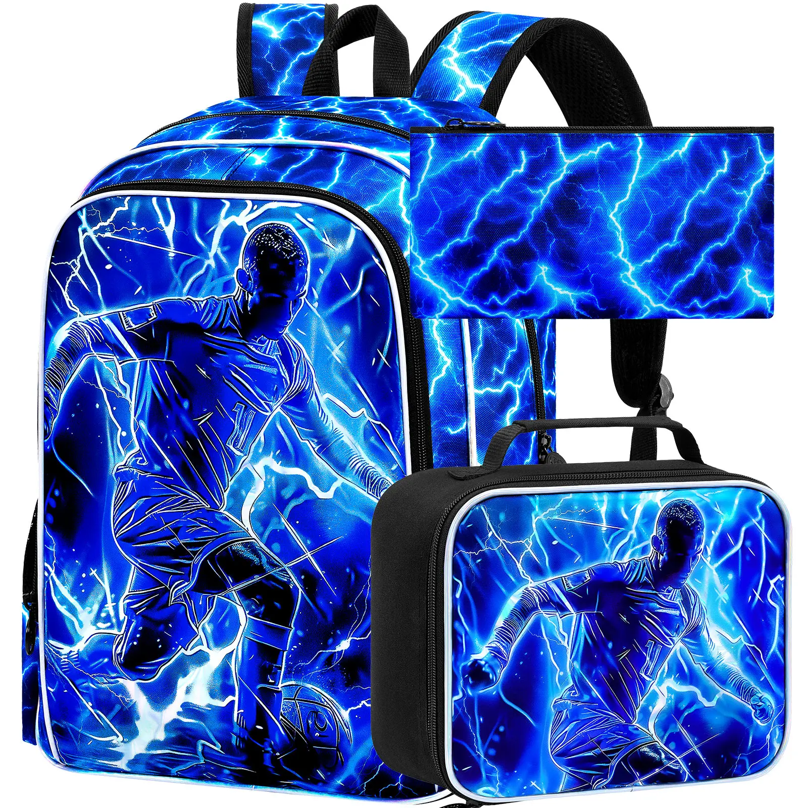 

3PCS Backpacks for Boys, 17" Kids Bookbag Water Resistant for Boy, Lightweight Backpack with Lunch Box -Lightning Play football