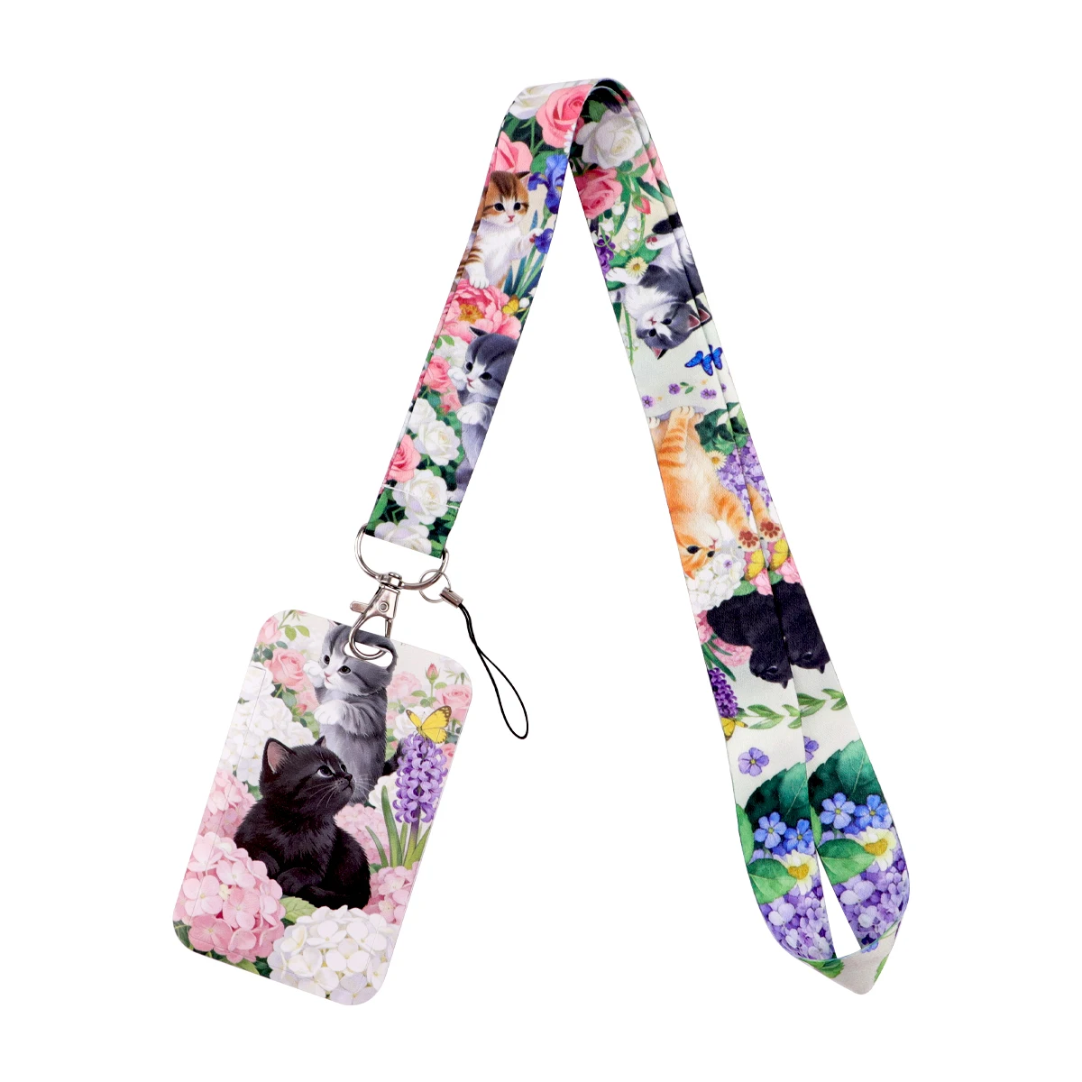 Flower Black Cat Credential Holder Cute Lanyards for Key Neck Strap For Card Badge Gym Keychain Keyring Accessories Gifts