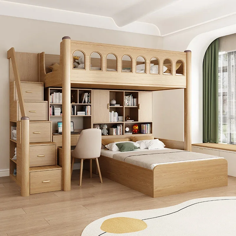 Solid wood staggered bed children's desk wardrobe integrated high-low bed small-sized mother-child bed with wooden bed.