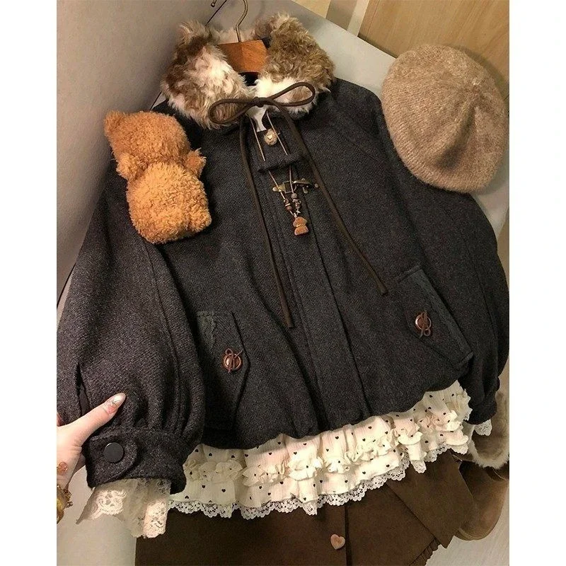 Women Sweet Lolita Style Autumn Winter Top Ruffled Collar Long Sleeve Loose Fit Cute Warm Kawaii Casual Daily Blouse Outfit