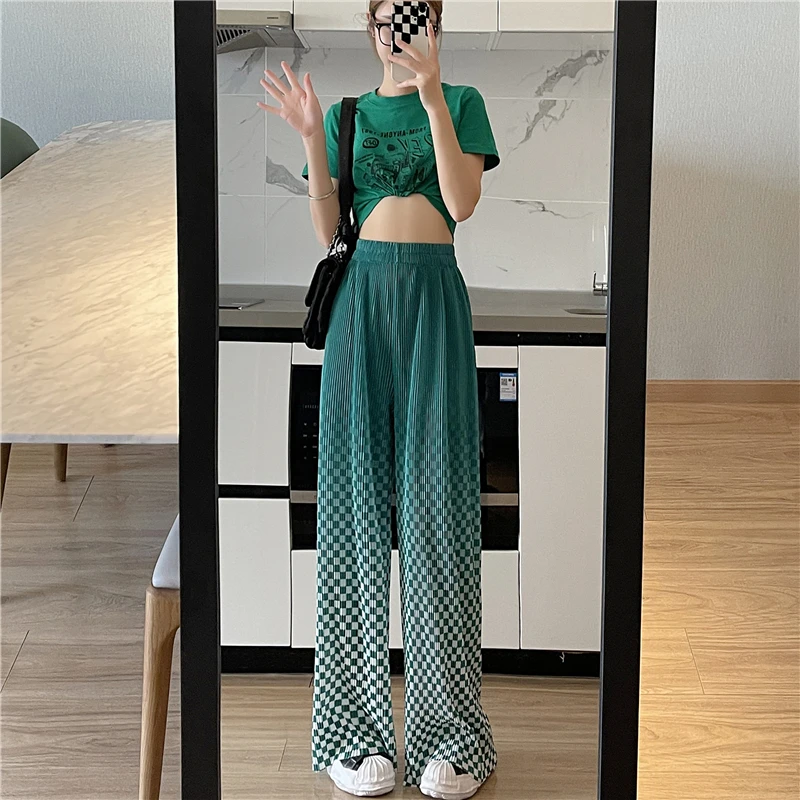 Women's Summer Pleated Long Wide Leg Pants 2022 Female Elastic High Waist Gradient Chessboard Casual Trousers Full Length