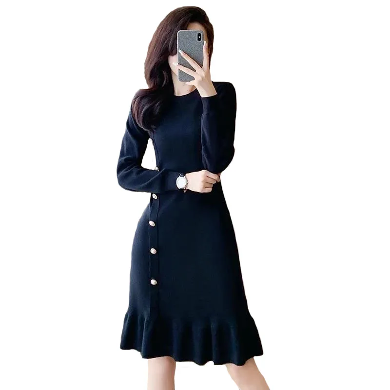 

Autumn Women's Black Knitted O Neck Long Sleeve Fishtail Mini Dress Spring Elegant Temperament A-line Short Dresses