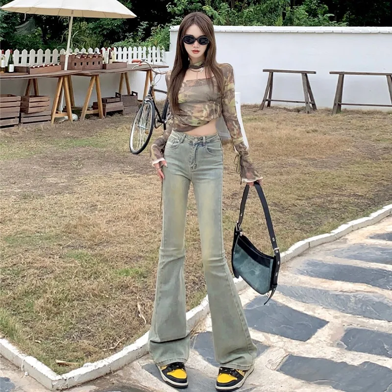 

Yellow Blue European And American High Waisted Flared Jeans Women's High Street Straight Leg Versatile Slim Fit Pants