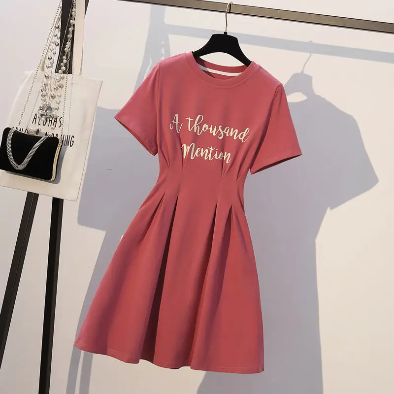 

Fashion Printed O-Neck Folds Letter Short Sleeve Midi Dress Women's Clothing 2023 Summer New Oversized Loose A-Line Dress