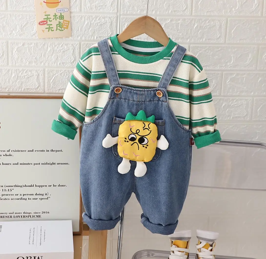 

Toddler Boutique Outfits 1 To 2 Years Kids Baby Clothes Set Striped Long Sleeves T-shirts and Cartoon Overalls Boys Jogging Suit
