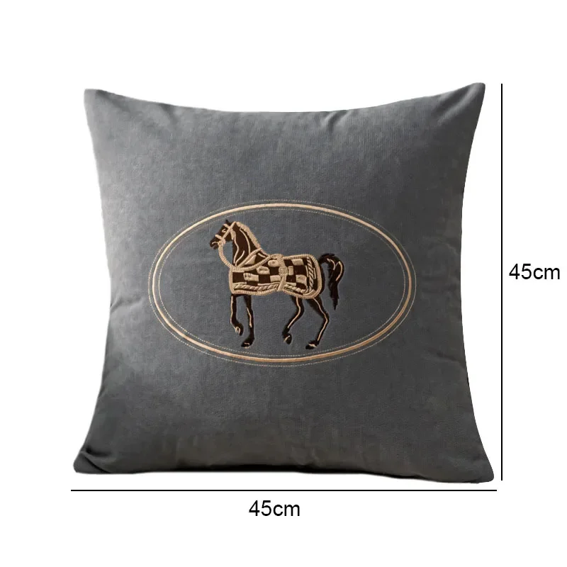 Vintage Horse Pattern Embroidery Throw Pillow Cover Light Luxury Sofa Cushion Case Simple Decorative Waist Pillowcase Home
