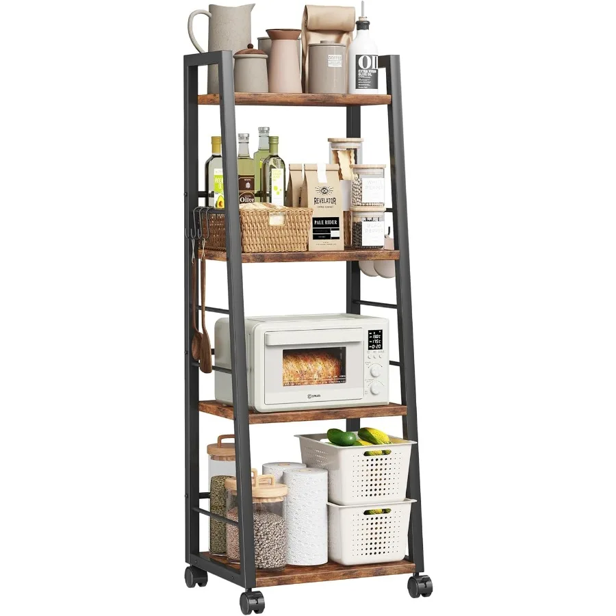 

4 Tier Kitchen Storage Cart with Lockable Wheels 6 Hooks Mobile Utility Organizer Rolling Cart for Small Spaces Bar Cart for Ki