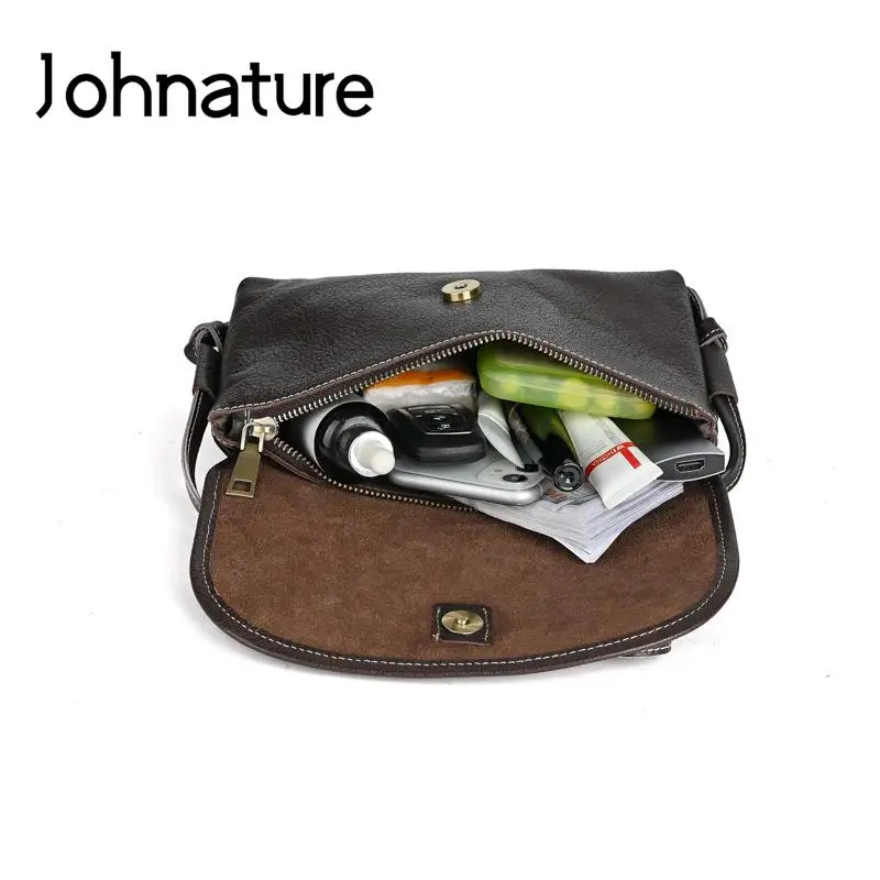 Johnature Vintage Solid Color Women Small Bag 2024 New Genuine Leather Versatile Simple Real Cowhide Shoulder & Crossbody Bags