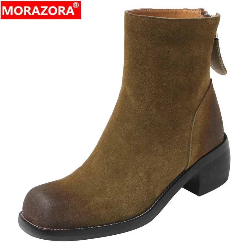 

MORAZORA 2024 New Vintage Platform Winter Boots Cow Suede Leather Ankle Boots For Women Zipper Square Med Heels Shoes