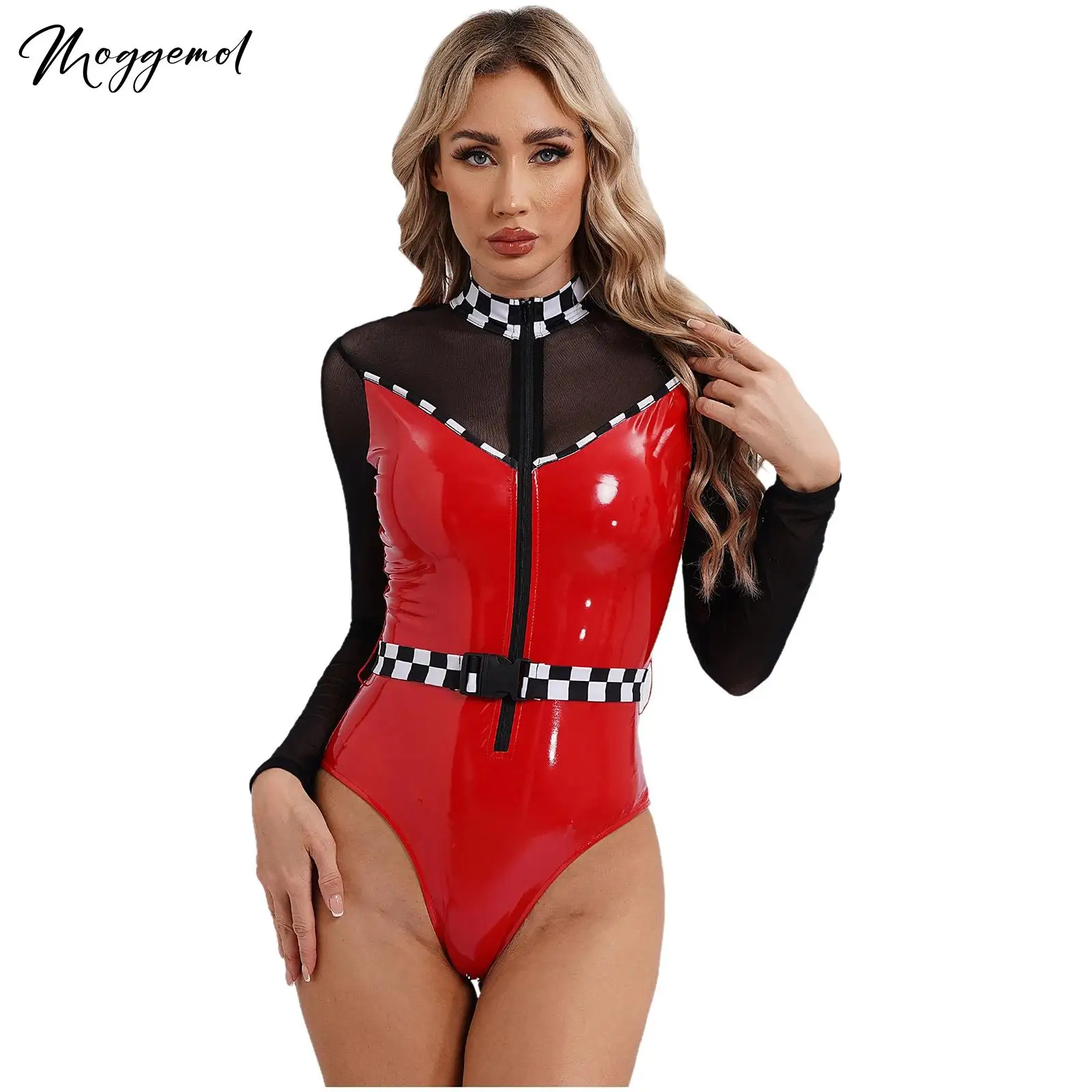 Womens Speed Race Car Driver Bodysuit with Belt Checkerboard Sheer Mesh Front Zipper Patent Leather Jumpsuit Leotard for Club