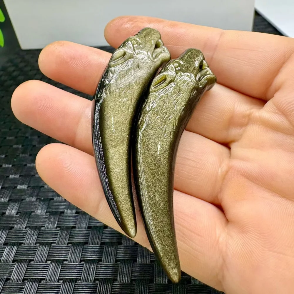 2pcs Golden Sheen Obsidian Wolf Head Wolf Tooth Carving Natural Crystal Healing Stone Necklace Men Amulet Gift
