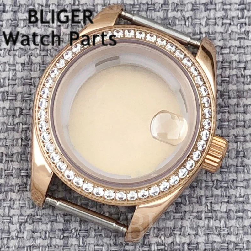 BLIGER NH05 06 28mm Cassa per orologio da donna Oro rosa Argento rivestito Anello con diamanti Vetro zaffiro Misura quadrante da 20,5 mm Adatto al movimento NH05 NH06