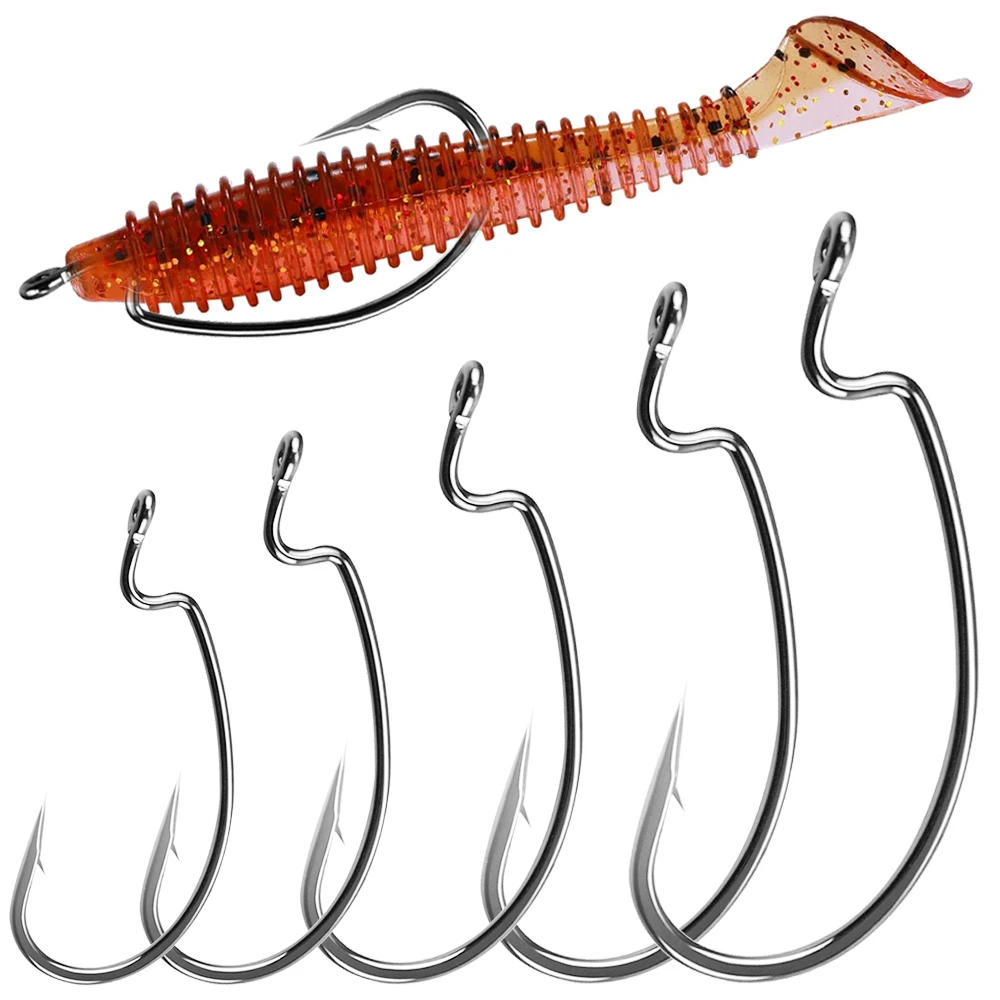 50pcs Fishing Hooks For Bass Fishing #1-5/0# High Carbon Steel Offset Crank Hooks Soft Worm Bait Jig Mold Hooks Texas Rig Hook