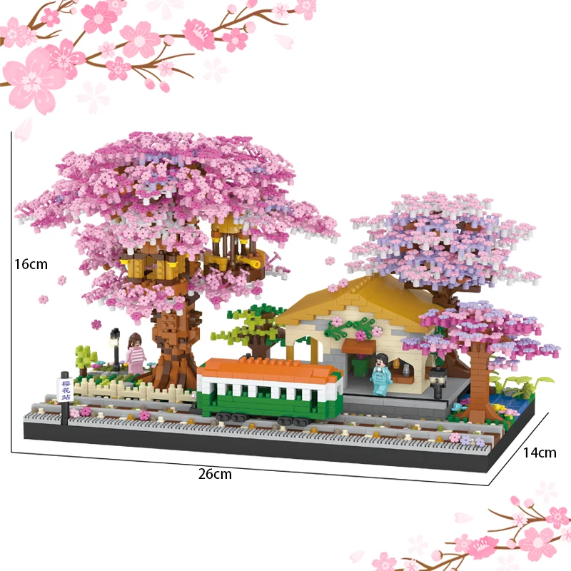 Mini ensemble de construction, blocs de construction, bonsaï, maison dans l'arbre, support d'arbre Sakura, ornements roses, jouet de décoration pour enfants