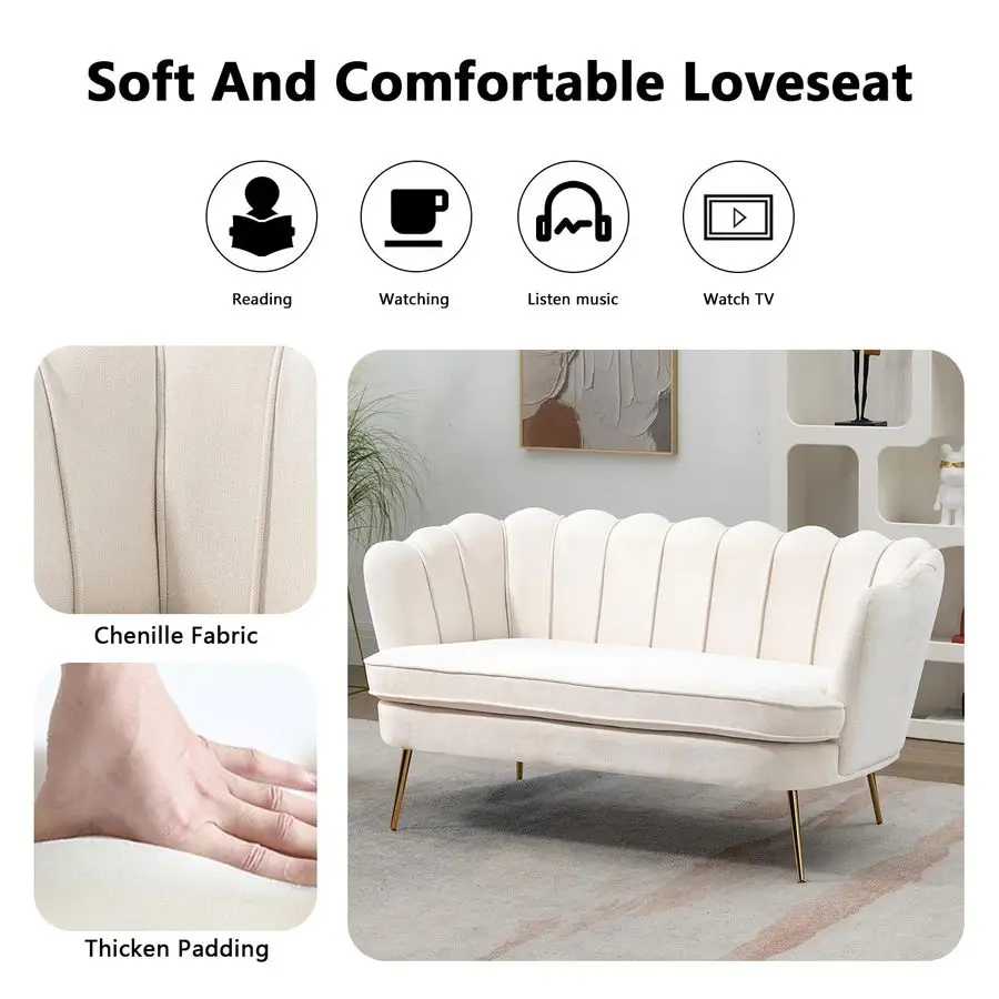 59 أريكة صغيرة حديثة من الشنيل بمقعدين، أريكة بمقعدين بأرجل معدنية ذهبية، أريكة صغيرة مع ظهر على شكل زهرة لغرفة المعيشة