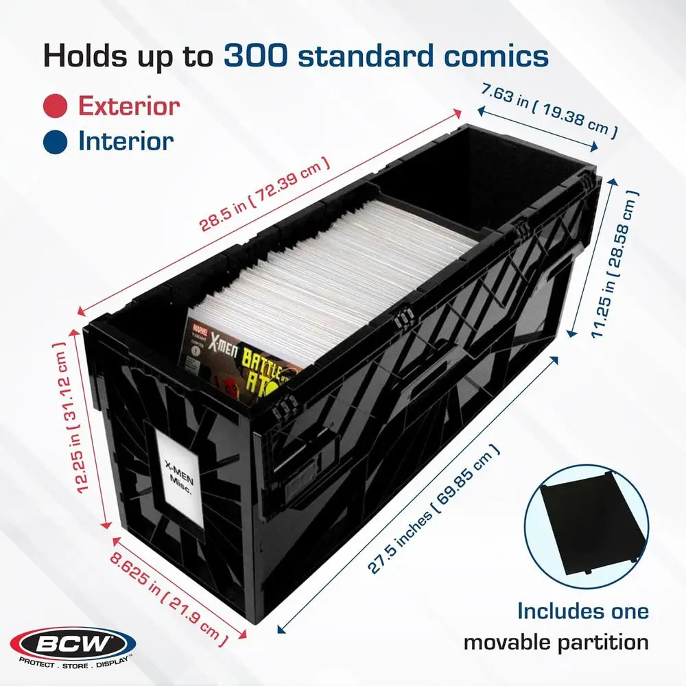 Sturdy Comic Storage Box - Holds 300 Comics | Stackable Organizer with Acid-Free Plastic, Divider, and Label Slot