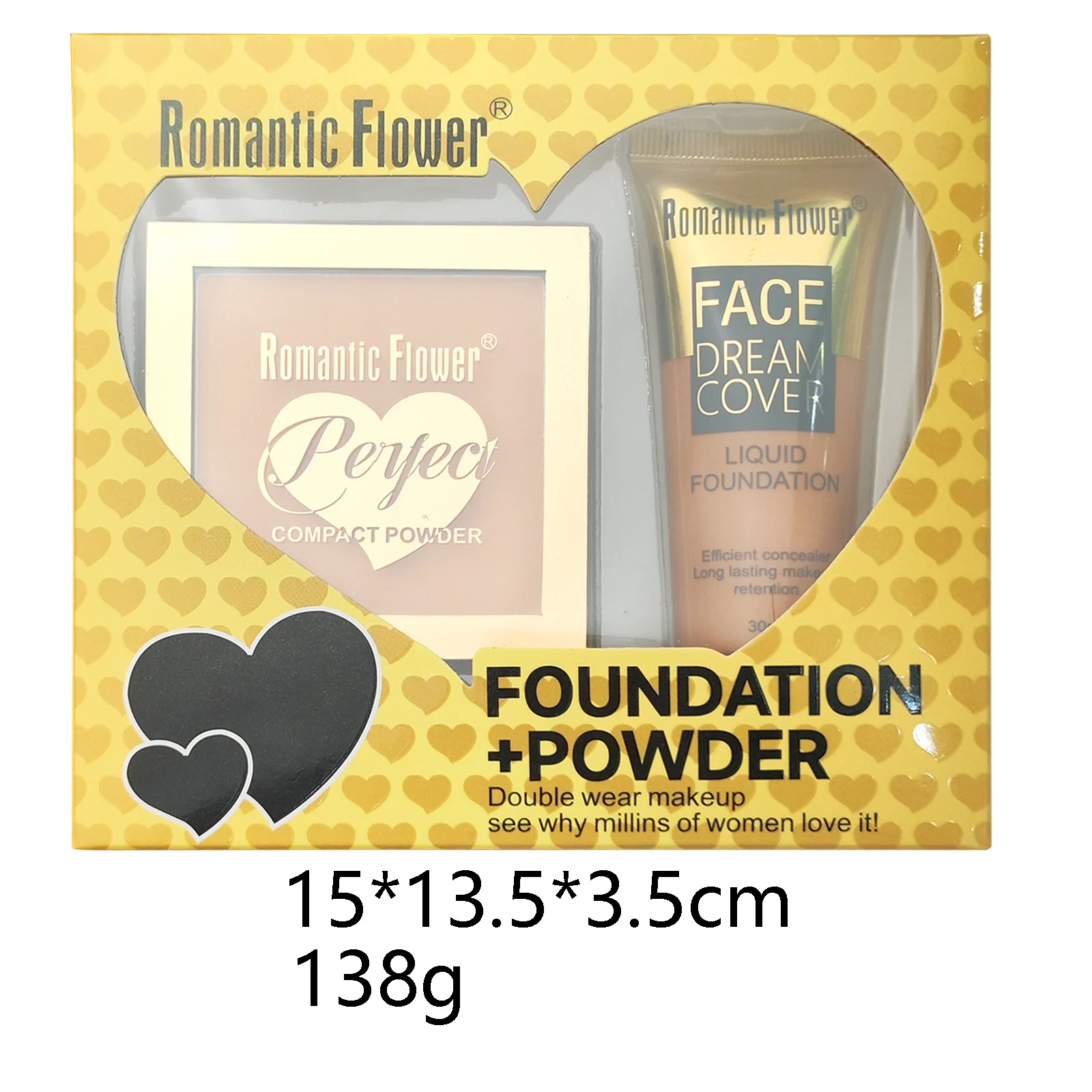 Maquillaje facial de flores románticas, corrector de estuche de base líquida y en polvo 2 en 1, duradero y sin maquillaje, adecuado para pieles oscuras