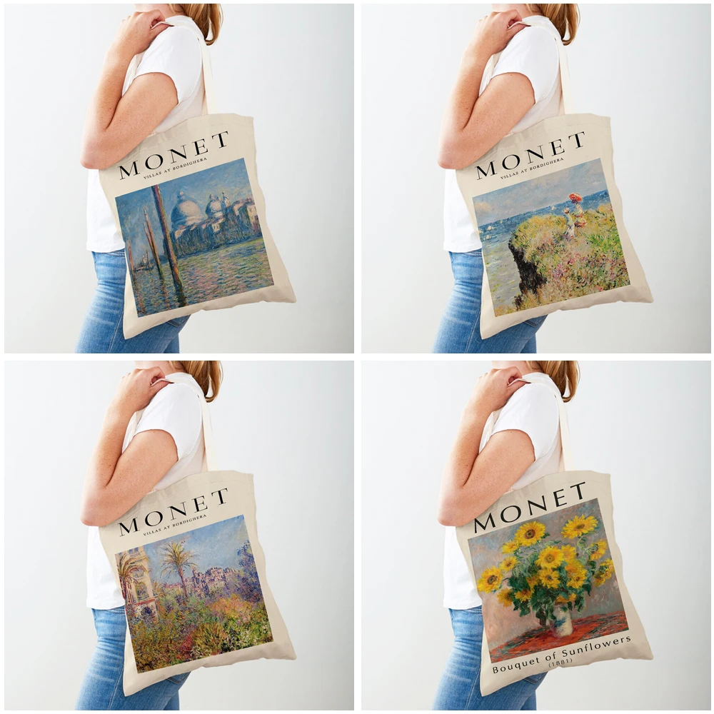 Monet Picasso Parrot Butterfly Mountain Shopping Bag Double Print Eco Casual Nordic Shopper Bags Lady Canvas Tote Women Handbags