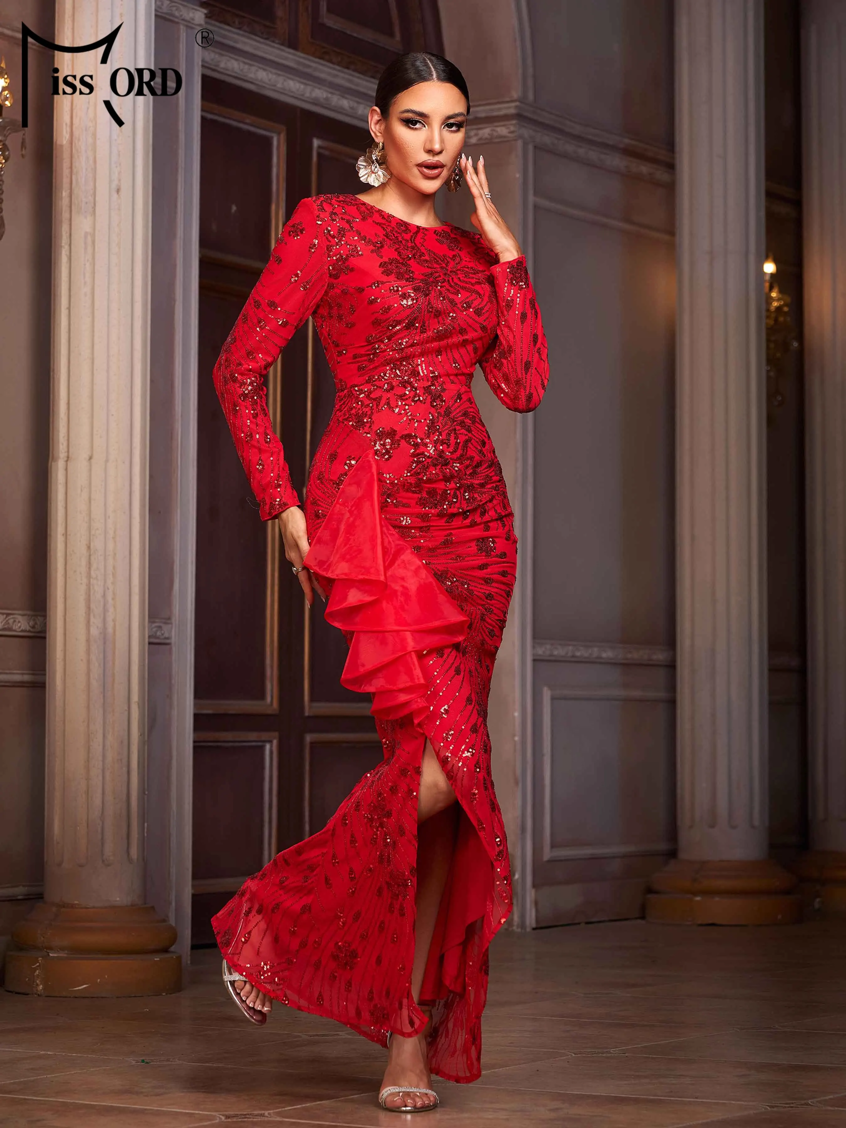 

Missord New Black V Neck Sequin Split Evening Gown A Line High Quality Luxury Formal Occasion Chic Elegant Woman Maxi Red Dress
